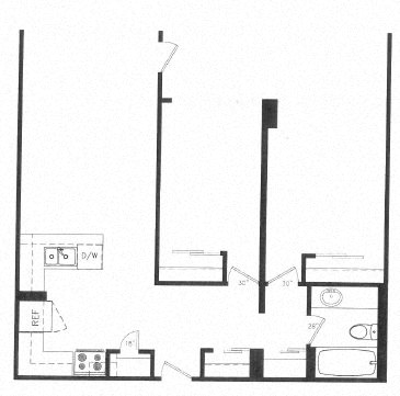 Floor plan for 2 beds, 1 bath, 740 sqft